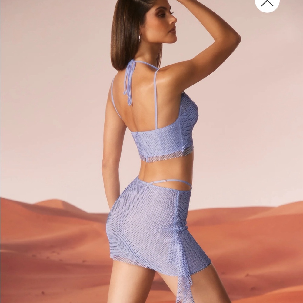 Two piece blue oh Polly mini skirt and crop top set